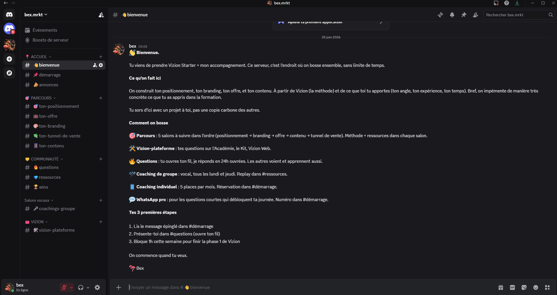 Aperçu du serveur Discord bex.mrkt avec ses salons structurés